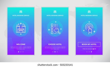 Onboarding design concept for hotel booking service. Modern vector outline mobile app design set of hotel booking services. Onboarding screens for hotel booking on-line svg