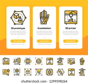 Onboarding design concept icons for 3D printing and modeling. Modern user interface UX, UI screen template. Icons for responsive web site and mobile smart phone. Vector illustration