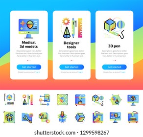 Onboarding design concept icons for 3D printing and modeling. Modern user interface UX, UI screen template. Icons for responsive web site and mobile smart phone. Vector illustration