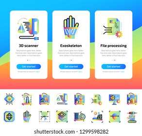 Onboarding design concept icons for 3D printing and modeling. Modern user interface UX, UI screen template. Icons for responsive web site and mobile smart phone. Vector illustration