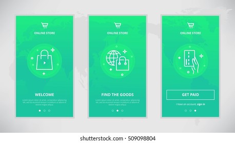 Onboarding design concept for online store. Modern vector outline mobile app design set of online shopping. Onboarding screens for goods buying online
