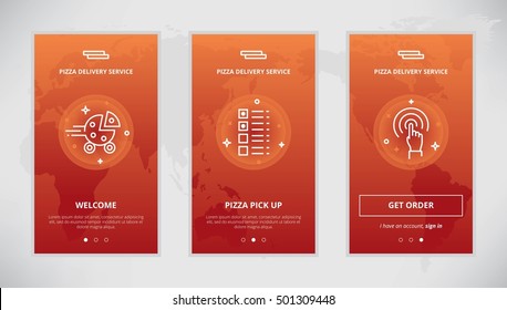Onboarding design concept for pizza delivery service. Modern vector outline mobile app design set of pizza delivery services. Onboarding screens for pizza delivery order online