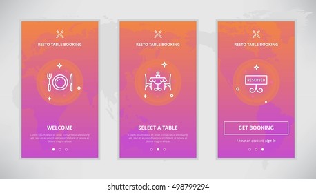 Onboarding design concept for restaurant table booking service. Modern vector outline mobile app design set of a table booking services. Onboarding screens for a table booking online