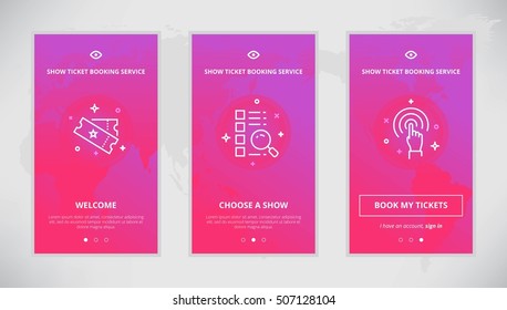 Onboarding design concept for show ticket booking service. Modern vector outline mobile app design set of show ticket booking services. Onboarding screens for show tickets booking online
