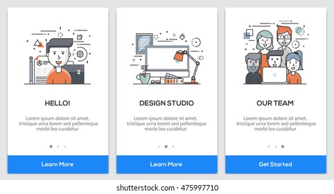 Onboarding Design Studio app Screens. Modern user interface UX, UI screen template for mobile smart phone or responsive web site. Vector Illustration