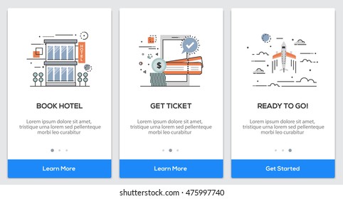 Onboarding Flight app Screens. Modern user interface UX, UI screen template for mobile smart phone or responsive web site. Vector Illustration