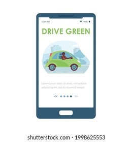 Onboarding home mobile screen for eco friendly electric transport services with woman driving e-car, flat vector illustration. Eco transport sharing and rental.