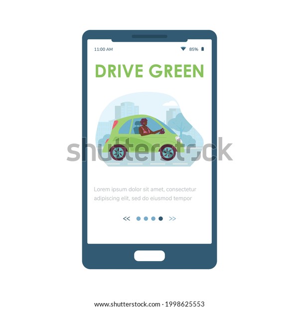Onboarding home mobile screen for eco\
friendly electric transport services with woman driving e-car, flat\
vector illustration. Eco transport sharing and\
rental.