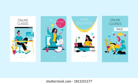 Onboarding home page for a mobile app for online education and online courses. Video tutorials, distance learning and online training marketing, vector cartoon illustration.