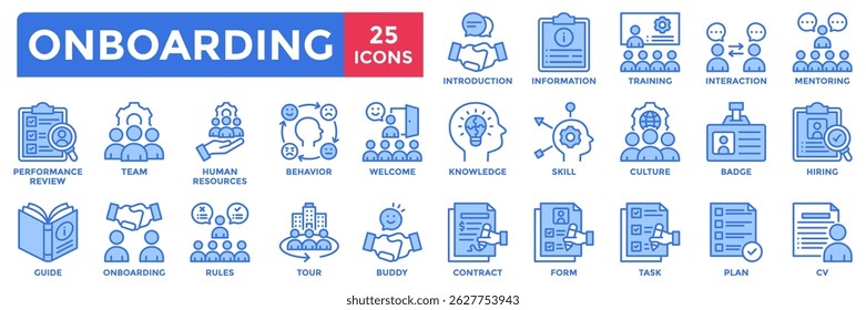 Onboarding icon collection set. Containing hiring, welcome, introduction, training, interaction, mentoring, performance review icon. Simple blue vector illustration.	