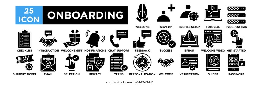 Onboarding icon collection set. Welcome, Sign-Up, Profile Setup, Tutorial, Progress Bar, Checklist