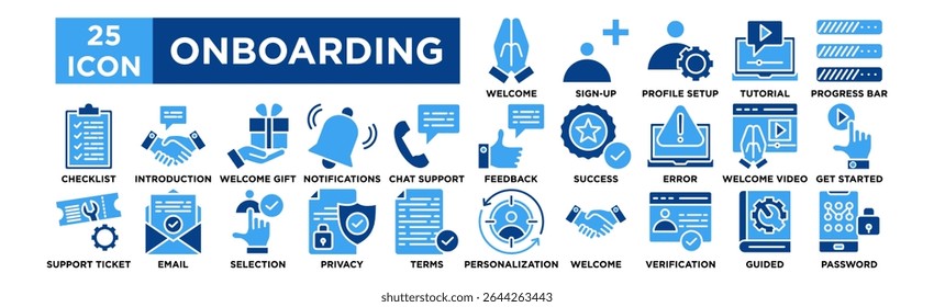 Onboarding icon collection set. Welcome, Sign-Up, Profile Setup, Tutorial, Progress Bar, Checklist