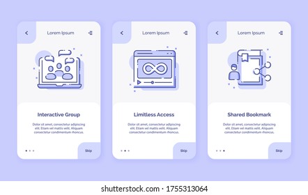 Icono de abordaje curso en línea grupo interactivo acceso ilimitado marcador compartido para aplicaciones móviles de campaña plantilla de página de inicio con estilo de contorno diseño de estilo plano ilustración vectorial