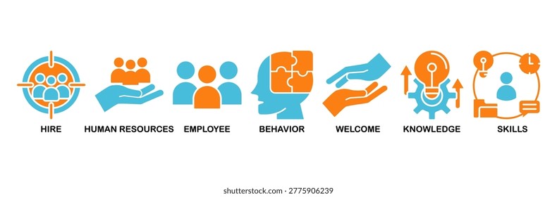 Onboarding icon set Aqua Orange Flat concept for human resources business industry to introduce newly hired employee into an organization with behavior, welcome, knowledge, and skills icon