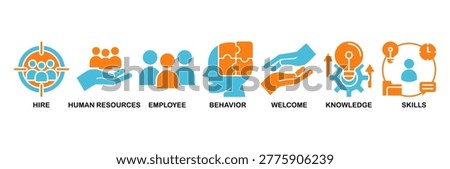 Onboarding icon set Aqua Orange Flat concept for human resources business industry to introduce newly hired employee into an organization with behavior, welcome, knowledge, and skills icon