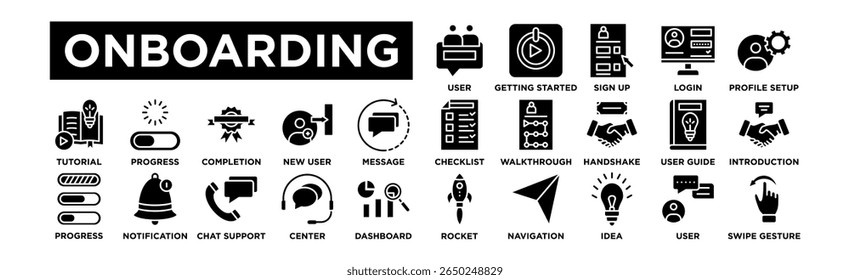 Onboarding icon set. Editable Stroke Icon Collection. User Welcome, Getting Started, Sign Up, Login, Profile Setup, Checklist, Walkthrough, Handshake, User Guide, Introduction, Tutorial, Progress Bar