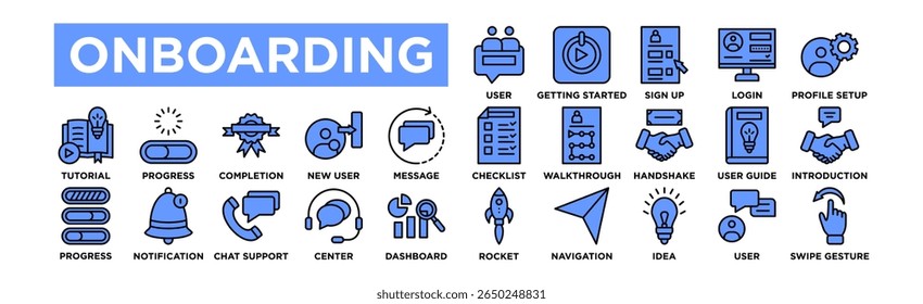 Onboarding icon set. Editable Stroke Icon Collection. User Welcome, Getting Started, Sign Up, Login, Profile Setup, Checklist, Walkthrough, Handshake, User Guide, Introduction, Tutorial, Progress Bar