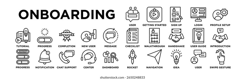 Onboarding icon set. Editable Stroke Icon Collection. User Welcome, Getting Started, Sign Up, Login, Profile Setup, Checklist, Walkthrough, Handshake, User Guide, Introduction, Tutorial, Progress Bar