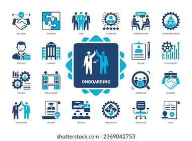 Onboarding icon set. Employee, Integration, Human Resources, Workplace, welcome, Experience, Company, Training. Duotone color solid icons