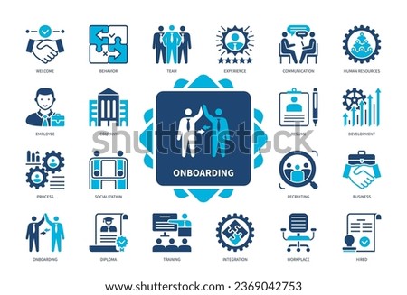 Onboarding icon set. Employee, Integration, Human Resources, Workplace, welcome, Experience, Company, Training. Duotone color solid icons
