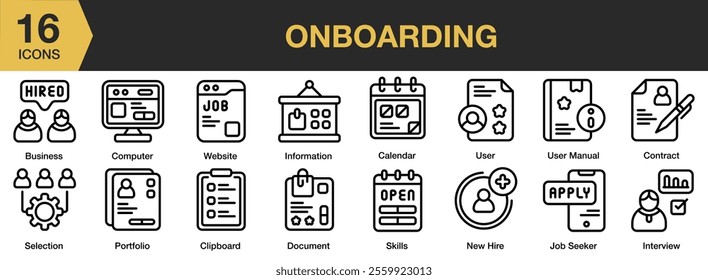 Onboarding icon set. Includes hiring, training, recruitment, hire, staff, and More. Outline icons vector collection.