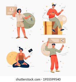 Onboarding isolated scenes set. Getting to know site or service. Man resets his password, shares link, receives premium gift. Woman meditating offline, digital detox. Vector character illustration