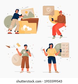 Onboarding Isolated Scenes Set. Getting To Know Site Or Service. Women Upload Photos To Cloud Storage, Mark Done Tasks In List. Men Send Email Messages, Pay Online. Vector Character Illustration