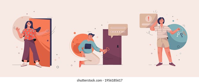 Onboarding isolated scenes set. Getting to know site or service. New employee in office. Woman enters in door. Man login into site, fills out username, forgot password. Vector character illustration