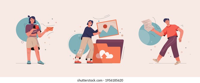 Onboarding isolated scenes set. Getting to know site or service. New employee in office. Women receive new messages, upload photos to cloud storage. Man holding document. Vector character illustration