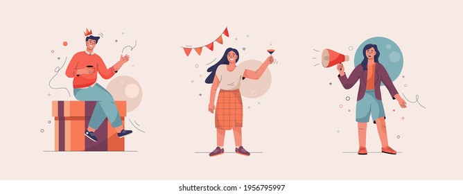 Onboarding Isolated Scenes Set. Getting To Know Site Or Service. New Employee In Office. Man Received Premium Gift. Woman Congrats At Party. Marketer Attracts New Buyers. Vector Character Illustration