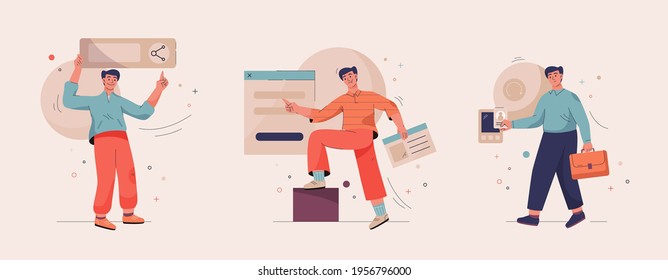 Onboarding isolated scenes set. Getting to know site or service. New employee in office. Men share useful links, create account on social networks, get early access. Vector character illustration