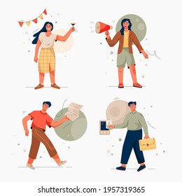 Onboarding Isolated Scenes Set. Getting To Know Site Or Service. Woman Congratulates On Holiday. Marketer Attracts New Customers. Man Holds Documents, Gets Early Access. Vector Character Illustration