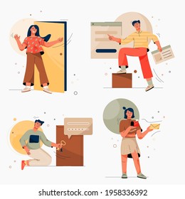 Onboarding isolated scenes set. Getting to know site or service. Man registers on social network, fills out login and password. Women receive new letter, enters the door. Vector character illustration