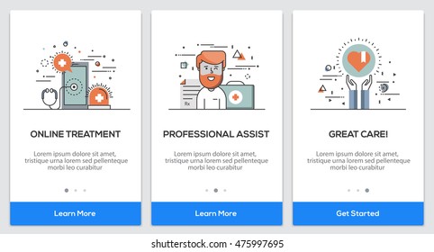 Onboarding Medical app Screens. Modern user interface UX, UI screen template for mobile smart phone or responsive web site. Vector Illustration
