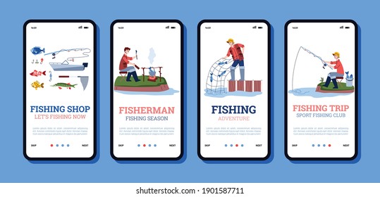 Onboarding Mobile App Page Templates For Fishing Shops And Fishery Trips With Cartoon Fishers, Flat Vector Illustration. Set Of Onboarding Screens For Fishery.