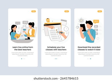 Onboarding Mobile App Screens online live learning mobile app. Online education and internet video tutorial, audio books and online courses