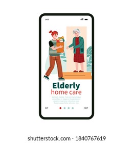 Onboarding mobile Applikationsseite Vorlage für Dienstleistungen von älteren Menschen häusliche Pflege und Unterstützung mit Cartoon-Zeichen, flache Cartoon Vektorgrafik.