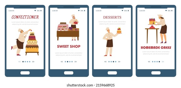 Onboarding mobile application start pages kit for professional confectionery, sweet shop and homemade desserts sale and production, flat vector illustration.