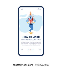 Onboarding mobile page design with magic genie carrying gift boxes, cartoon vector illustration. Mobile app start page for clients awards marketing program.