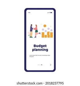 Onboarding mobile page mockup for family budget planning and money saving, flat vector illustration. Mobile screen design with family couple cartoon characters.