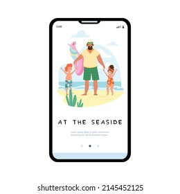 Onboarding mobile page mockup with father and children at seaside, flat vector illustration. Sea family recreation and beach holidays concept for mobile app.
