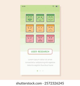 Onboarding mobile screen with 9 emoji sticky notes and UX UI concept. Editable vector design for smartphone and responsive projects with slides, colorful background, call to action button and text