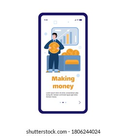 Onboarding mobile screen design with Making money header and tiny businessman character holding gold coin, flat vector illustration isolated on white background.