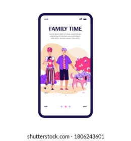 Onboarding mobile screen design with scene of family weekend, flat cartoon vector illustration isolated on white background. Couple with child and dog walking in park.