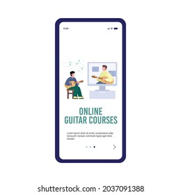 Onboarding mobile screen template for online guitar music courses, flat vector illustration. Application interface design for guitar play lessons and trainings.