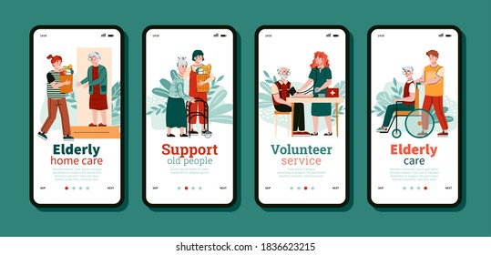 Onboarding mobile screens set for elderly people support with cartoon characters of volunteers, flat cartoon vector illustration. Volunteering services for old people.