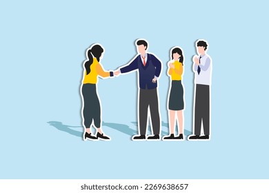 Onboarding new employee, warm welcome to new office, introduce new hire, orientation training on first day, businessman manager handshake welcome and introduce new staff to team. Paper Cut Sty