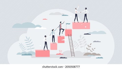 Onboarding New Staff Member And Company Work Training Tiny Person Concept. Employee Career Ladders And Job Guide Or Task Explanation Steps Vector Illustration. Manager Qualification Or Growth Process.