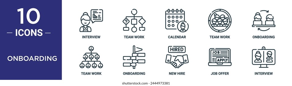 onboarding outline icon set includes thin line interview, team work, calendar, team work, onboarding, team work, onboarding icons for report, presentation, diagram, web design