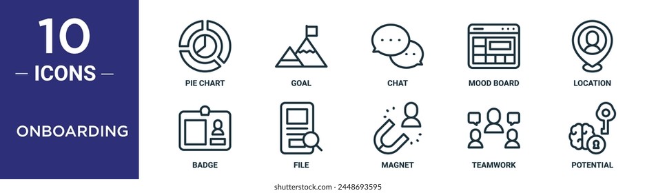onboarding outline icon set includes thin line pie chart, goal, chat, mood board, location, badge, file icons for report, presentation, diagram, web design